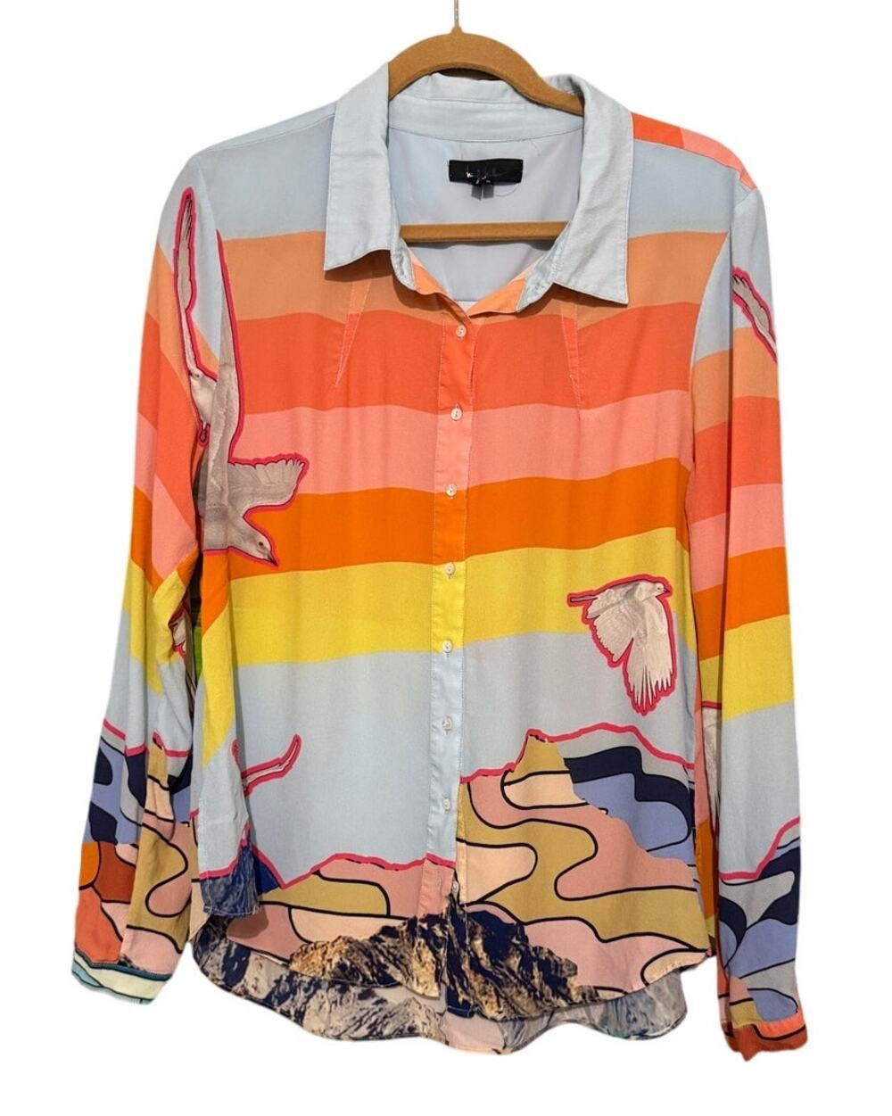 Nicole Miller Silk Sunset Bird Print Boyfriend Button Down Shirt M
